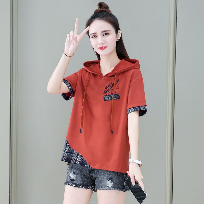 班俏banqiao短袖卫衣女2021夏季新款宽松休闲ins超火百搭薄款连帽t恤