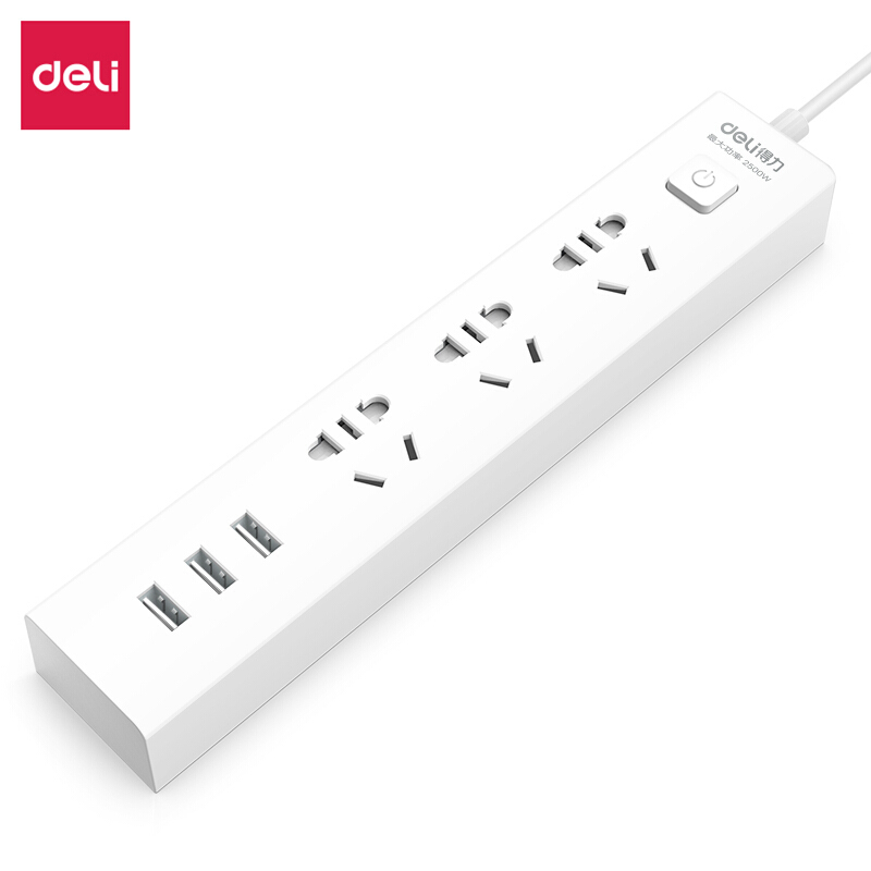 得力18288 USB插座插排接线板3USB接口+3孔总控1.8米白 1只/装