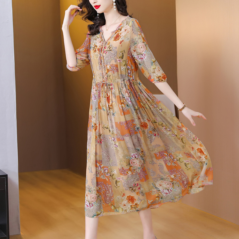 杭州印花真丝连衣裙桑蚕丝2024夏季新款中年妈妈气质显瘦 一号色 3XL建议140-150斤