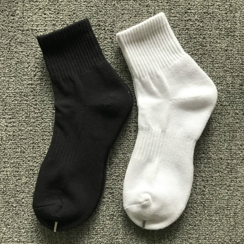6双短筒毛巾底男女士纯棉袜子黑白色运动袜中高筒篮球袜百搭