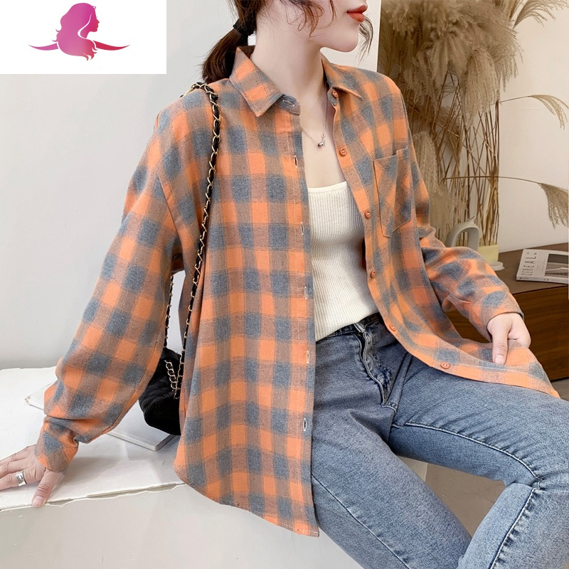 艳如飞格子衬衫女春秋款宽松外套长袖韩版棉磨毛休闲百搭上衣复古衬衣衬衫