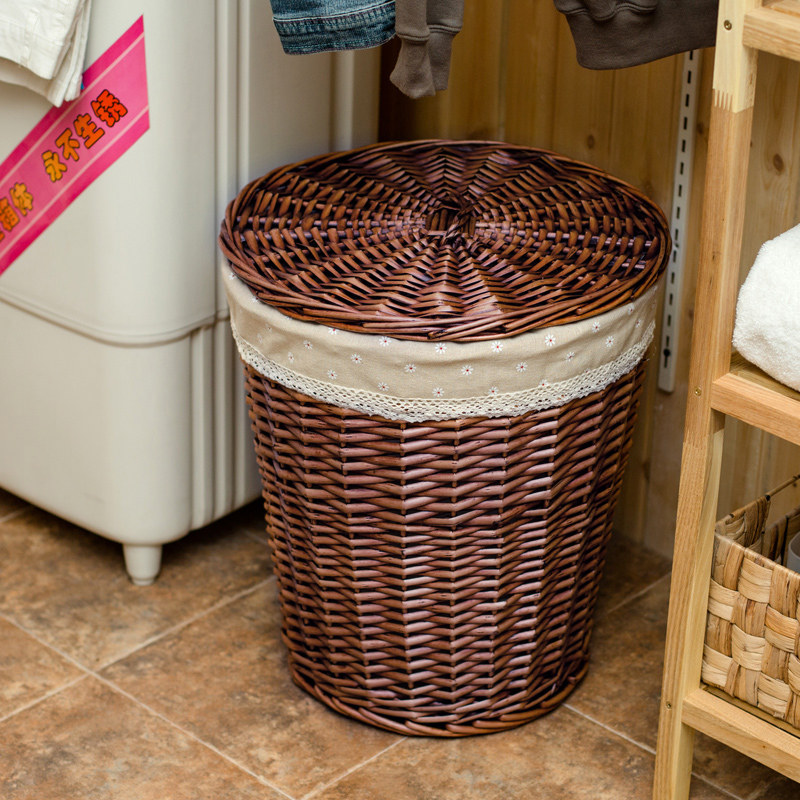 脏衣篮藤编有盖衣物脏衣服收纳筐洗衣篮收纳篮柳编脏衣篓编织筐子 咖啡色稚菊麻布三号无盖：31*22*37CM