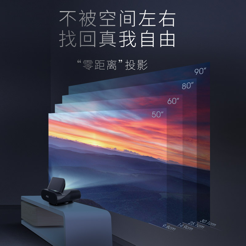 冠捷(AOC)超近距投影仪C1 1080P分辨率支持4K 超短焦贴墙即投 内置音响 内置安卓9.0,娱乐,网课高清大图