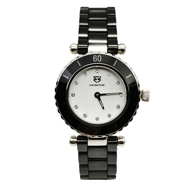 妙时空（MIUSKONE）小香风淑女经典百搭手表 黑白陶瓷腕表 石英机芯石英表 – 典雅系列MS.S.Q.L.109 黑色陶瓷圈+白色表盘