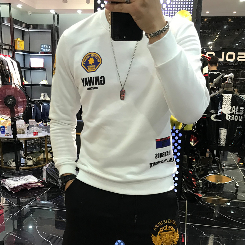 欧货春秋季卫衣男加绒加厚圆领修身韩版潮流印花青年长袖T恤打底高清大图