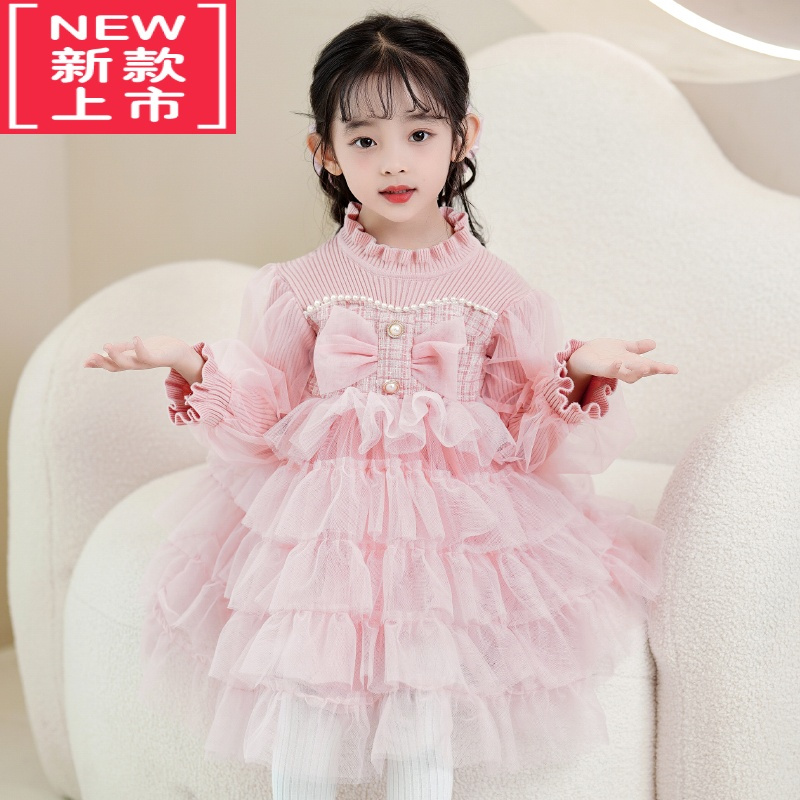 可莉允女童针织毛衣裙冬季2022新款秋冬儿童加绒洋气冬季女孩生日连衣裙
