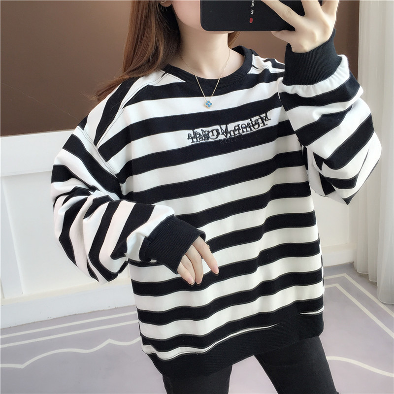 cachecache圆领条纹字母拼色卫衣女春装新款韩版洋气套头宽松上衣