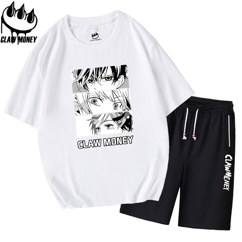 Claw money短袖T恤套装男ins动漫体恤全套休闲短裤宽松大码五分裤