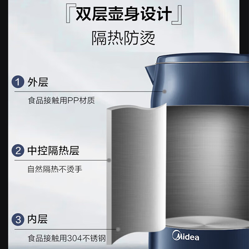 美的(Midea) MK-HJ17X21a 电水壶 1.7L 双层防烫 食品级不锈钢烧水壶家用大容量暖水开水壶高清大图