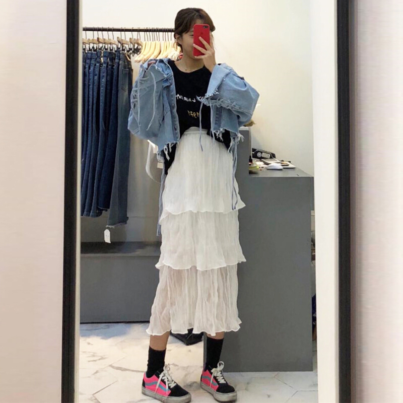 2018夏季韩国chic少女系层层荷叶边裙褶皱雪纺高腰半身裙长裙 白色 均码