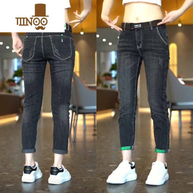 YANXU夏季修身小脚牛仔裤男款潮牌水洗印花休闲裤子男士时尚百小仔裤仔高清大图