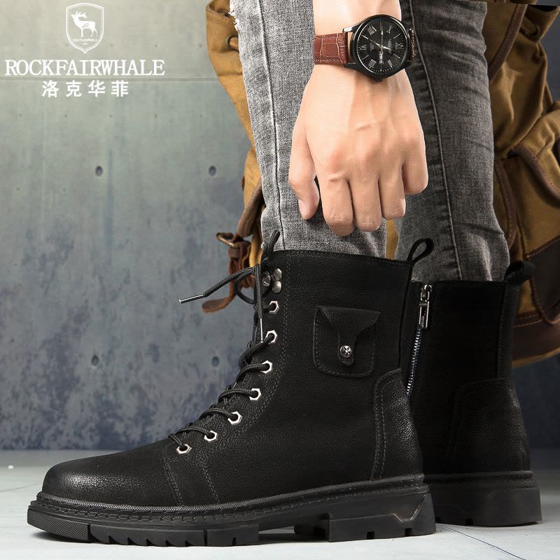 洛克华菲马丁靴冬季复古男鞋中帮英伦风工装靴加绒高帮真皮潮男黑色靴子图片