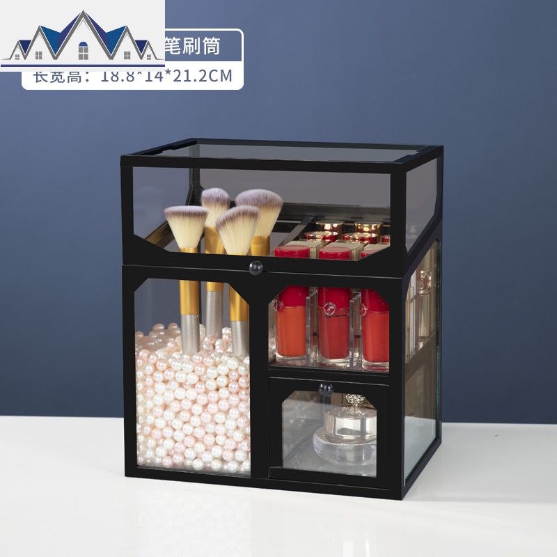 网红玻璃化妆品收纳盒翻盖防尘口红刷桶非亚克力梳妆台桌面整理架_3_923 黑色多功能三合一刷桶【赠送2包白珠】