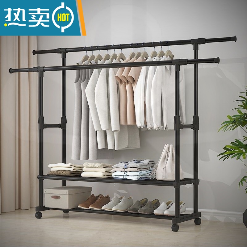 敬平简易晾衣架落地卧室小型凉挂衣架子家用宿舍室内折叠收纳晒架杆子 新款伸缩68长好使款+轮子1个高清大图