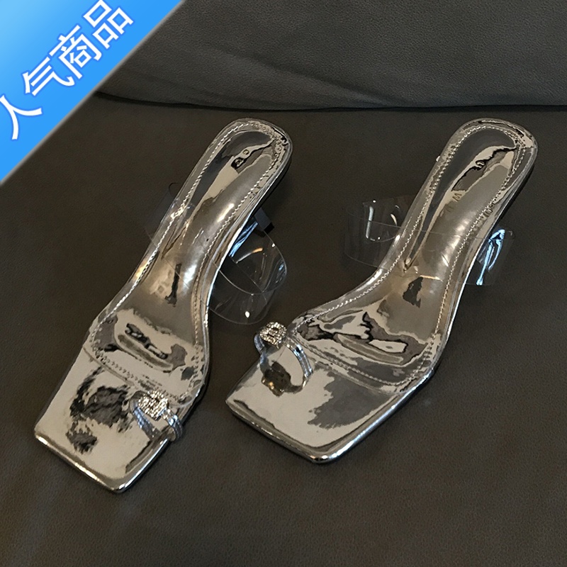 SUNTEK【博主推荐】拖鞋女夏外穿2023新款高跟网红银色夹脚外出细跟凉E高清大图