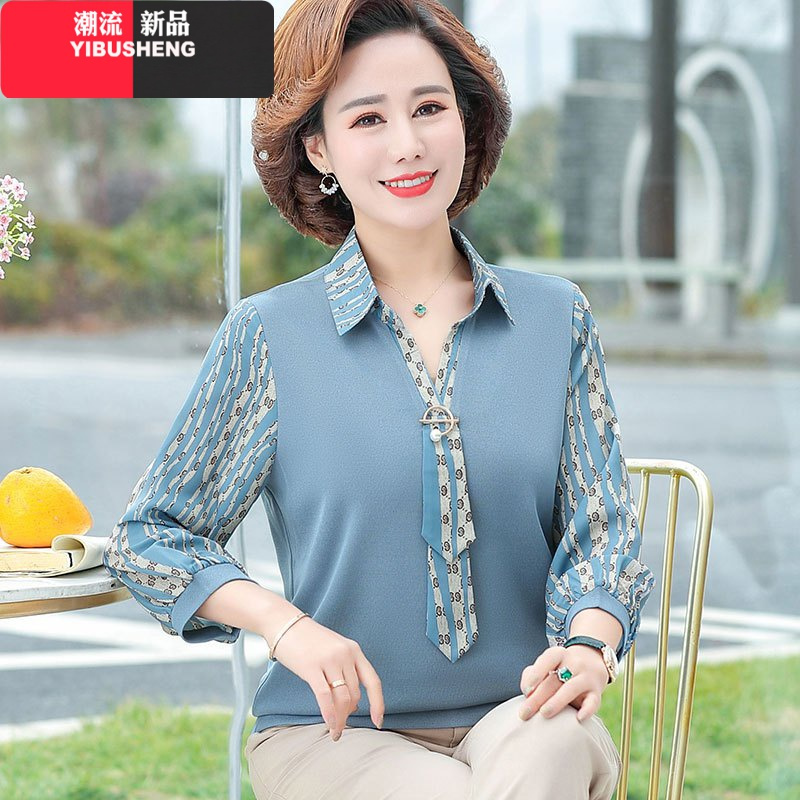 yibusheng妈妈春装t恤中老年女装翻领上衣50岁中年妇女春秋打底衫洋气