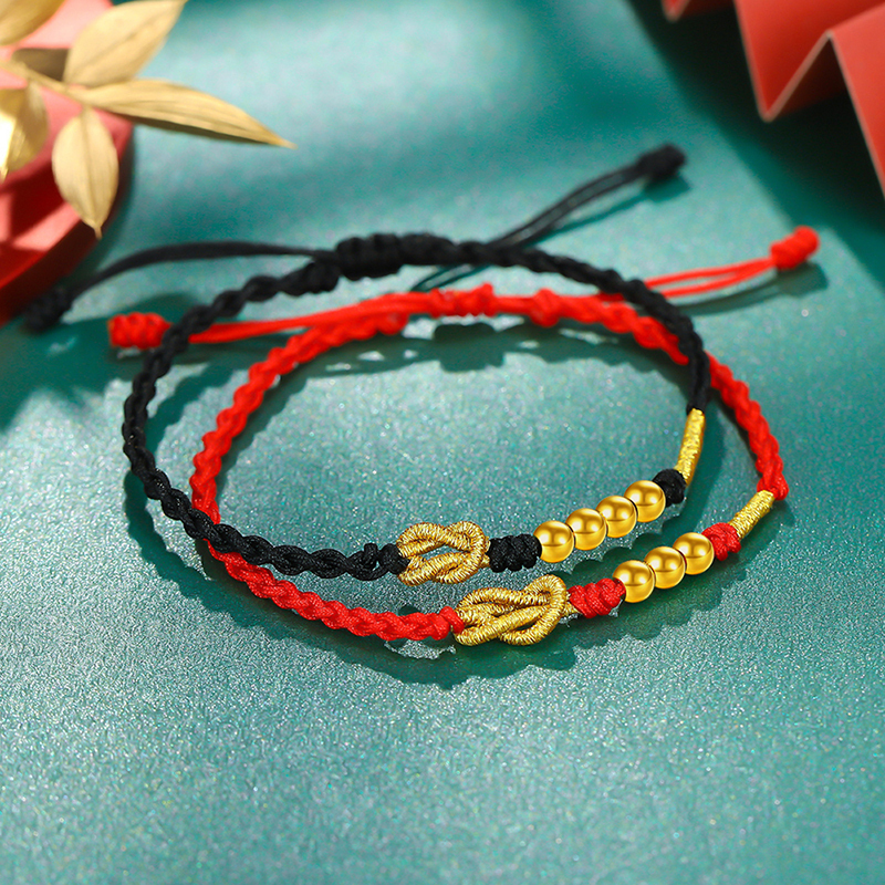 老庙黄金足金小金珠一生一世路路通转运珠金线编织手绳手链情侣款