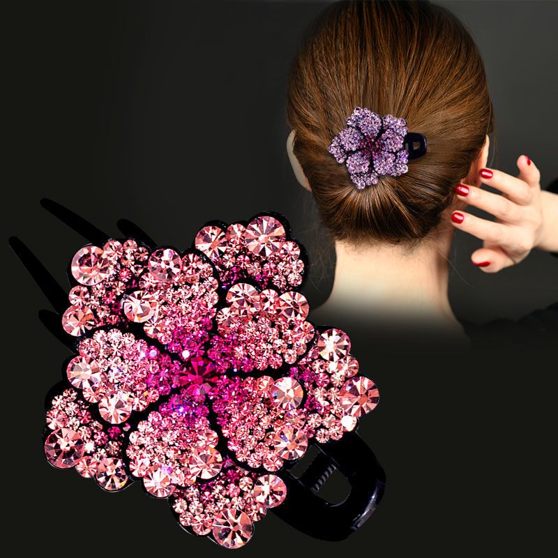 盘发头饰品发夹鸭嘴夹韩版发饰盘发器成人花朵顶夹发卡水钻抓夹子香槟