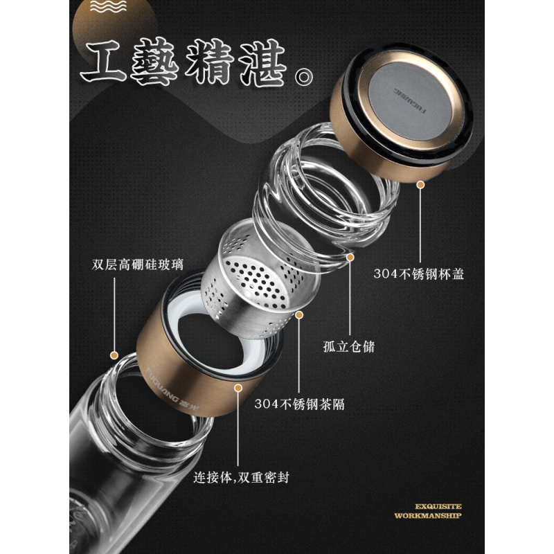 富光(FGA)玻璃杯双层茶杯男泡茶师水杯便携过滤茶水分离创意杯子女 灰黑泡茶师[带提环][礼盒装]