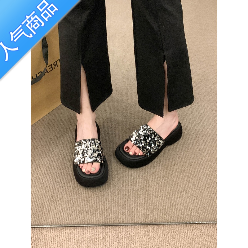 SUNTEK高级感厚底凉鞋半拖女夏季外穿精致新款亮片松糕底女士一字拖鞋子高清大图