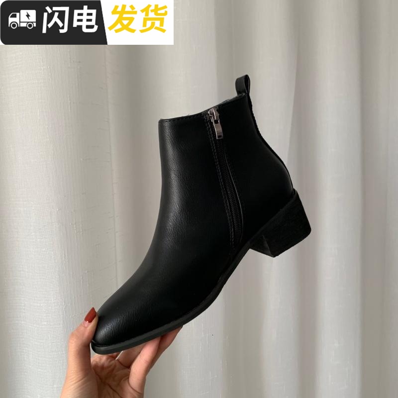 [busan] 冬季加绒经典黑色短靴粗跟女 韩版超洋气款显瘦马丁短靴启如