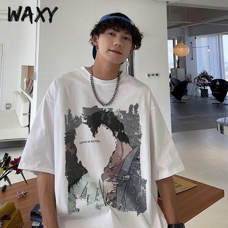 WAXY纯棉短袖T恤男学生oversize宽松欧美高街嘻哈潮流半袖上衣ins