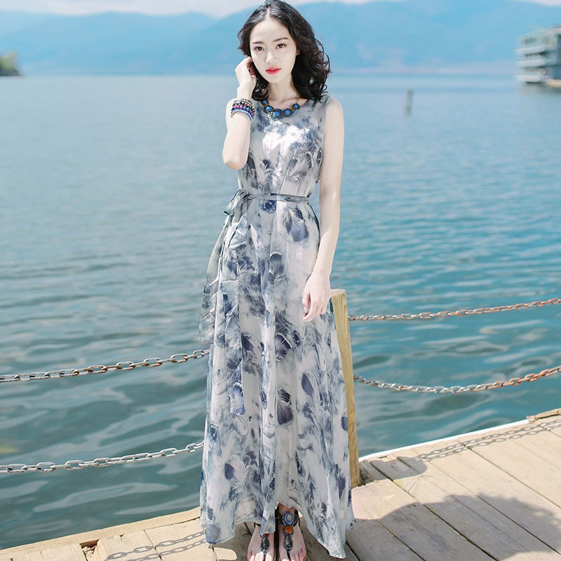 2018夏装新款女装沙滩裙显瘦温柔雪纺连衣裙气质高腰裙子印花长裙图片色XZ16A266