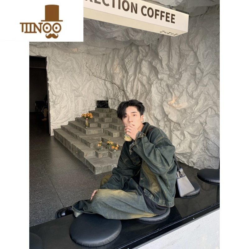 YANXU美式高街网红水洗黄泥复古牛仔外套后背字母夹克做旧宽松情侣男女高清大图