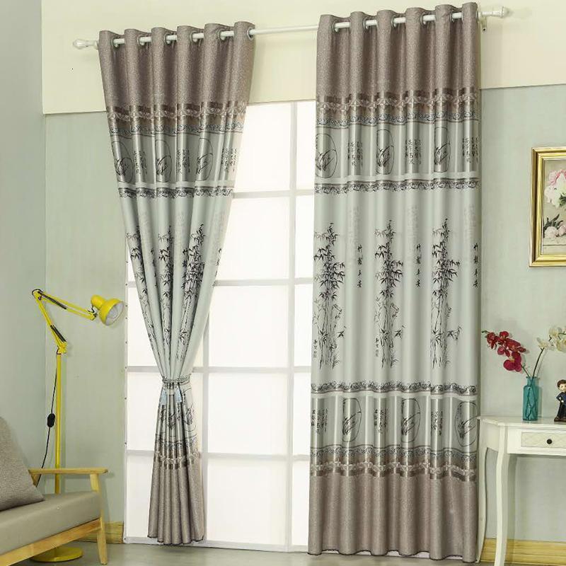 美帮汇中式窗帘复古遮光布料山水墨画双面印花卧室遮光挂钩式 竹报平安灰色 挂钩加工/米【定制】