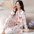 春秋季新款长袖开衫家居服棉质睡衣女款休闲宽松翻领两件套可外穿 女M E8903