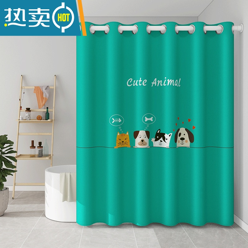 敬平浴室免打孔浴帘套装卫生间防水门帘保暖洗澡隔断窗帘布罗马孔 萌宠 单帘不含杆适用墙宽110-150cm帘宽200*高200