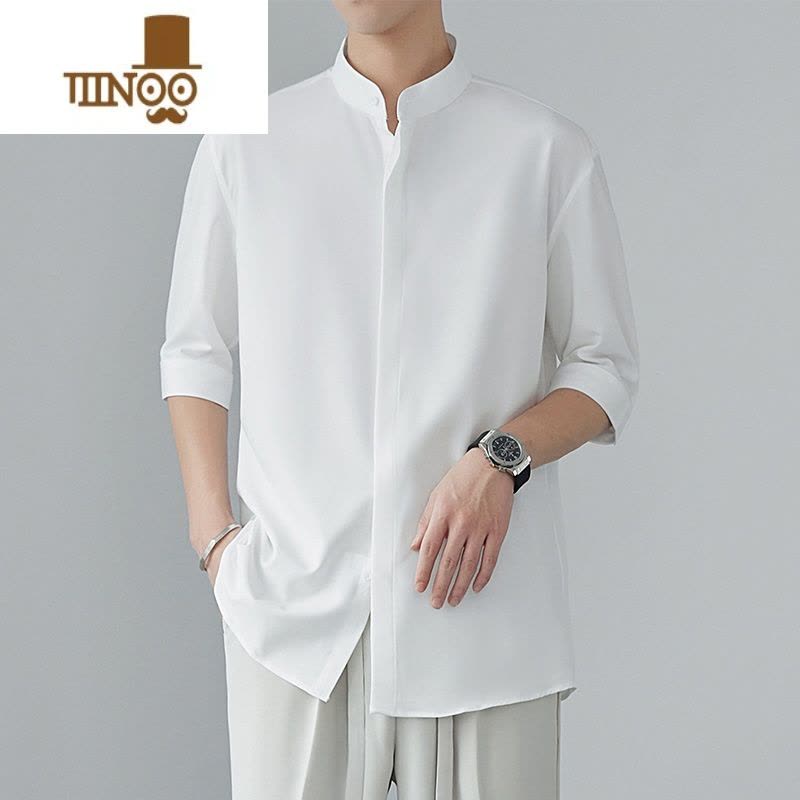 YANXU古着新中式男士短袖衬衫夏季立领衬衣感冰丝垂感中袖衬衫图片