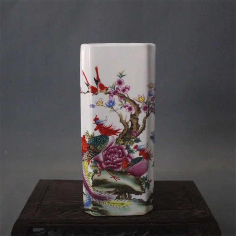 美帮汇景德镇仿古陶瓷乾隆粉彩祥凤来仪花鸟四方高笔筒家居桌面收纳摆件图片