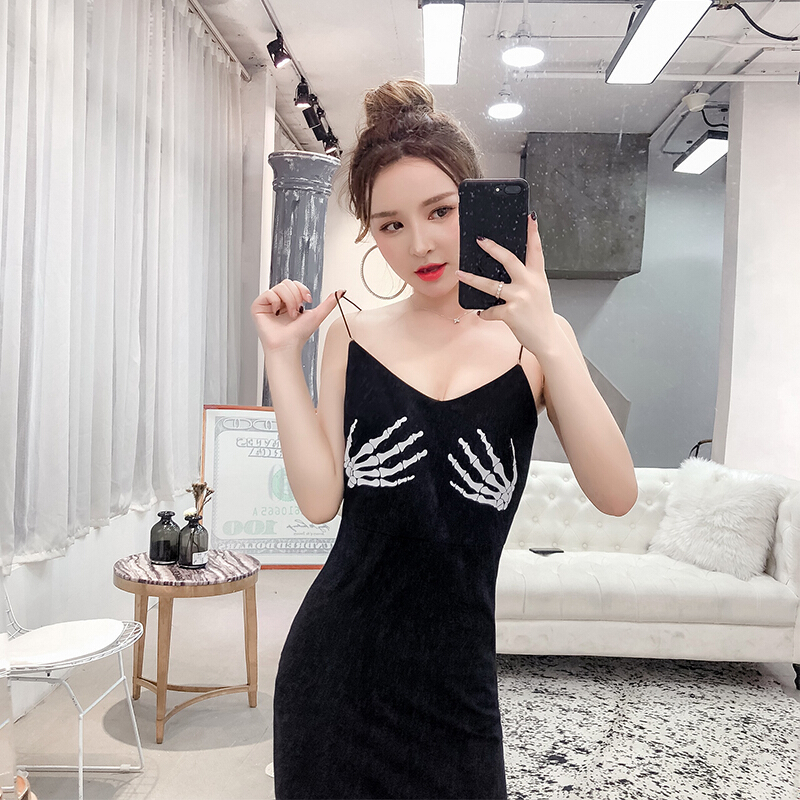 连衣裙女夏2018韩版无袖V领恶搞手掌印花中长款带裙一步裙图片色