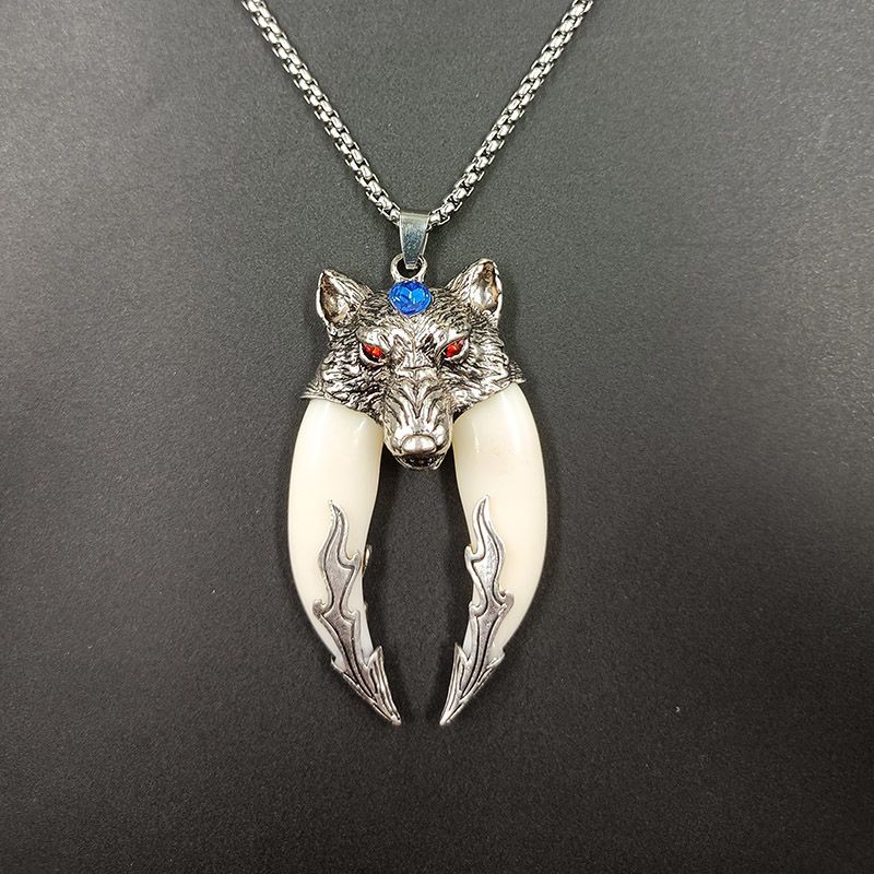 潮男百搭霸气狼王双牙吊坠项链挂件学生礼物情侣仿狼牙狗牙饰品男狼王
