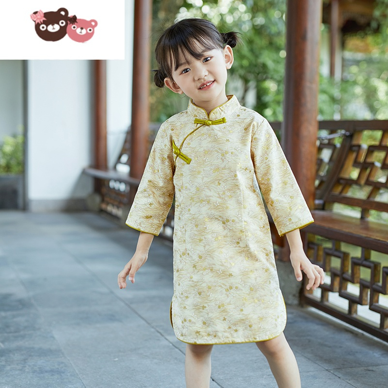绿彩虹光女童旗袍中国风春秋小女孩中式改良洋气中大童连衣裙长款唐装