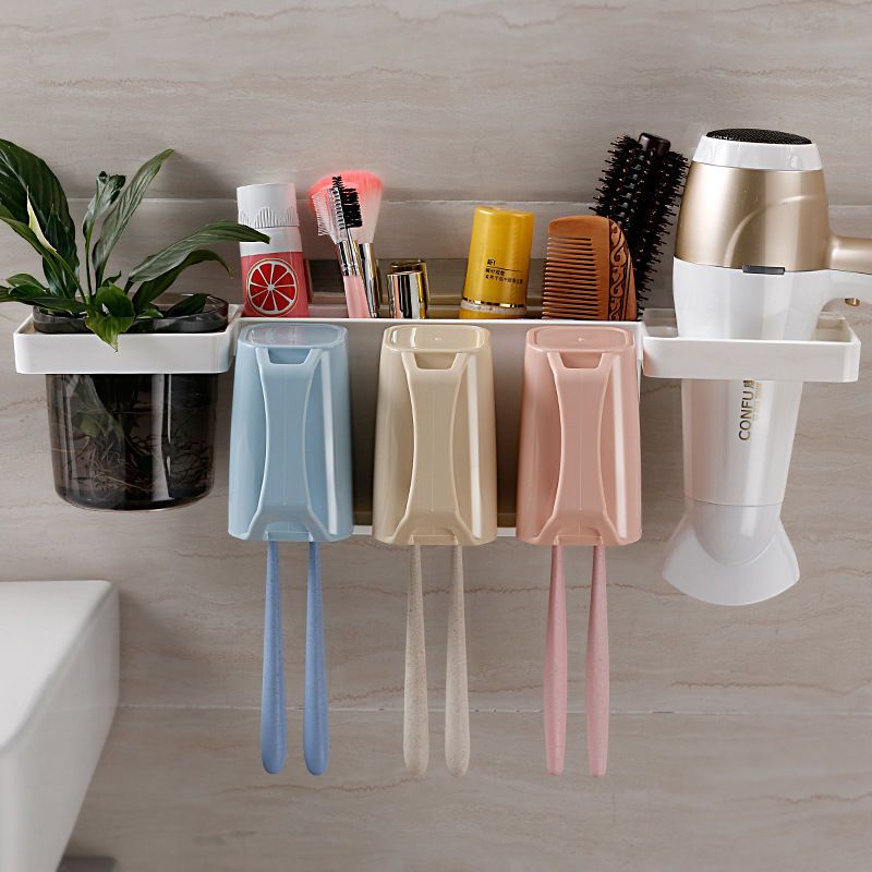 双庆牙刷架带吹风机架墙壁挂架浴室洗漱套装牙刷架吸盘牙刷置物架5157