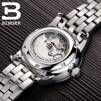 宾格BINGER 自动机械表 女士手表 简约时尚百搭圆形情侣款手表 背透镂空设计 蝴蝶扣 深度防水时尚女表 赛丽系列