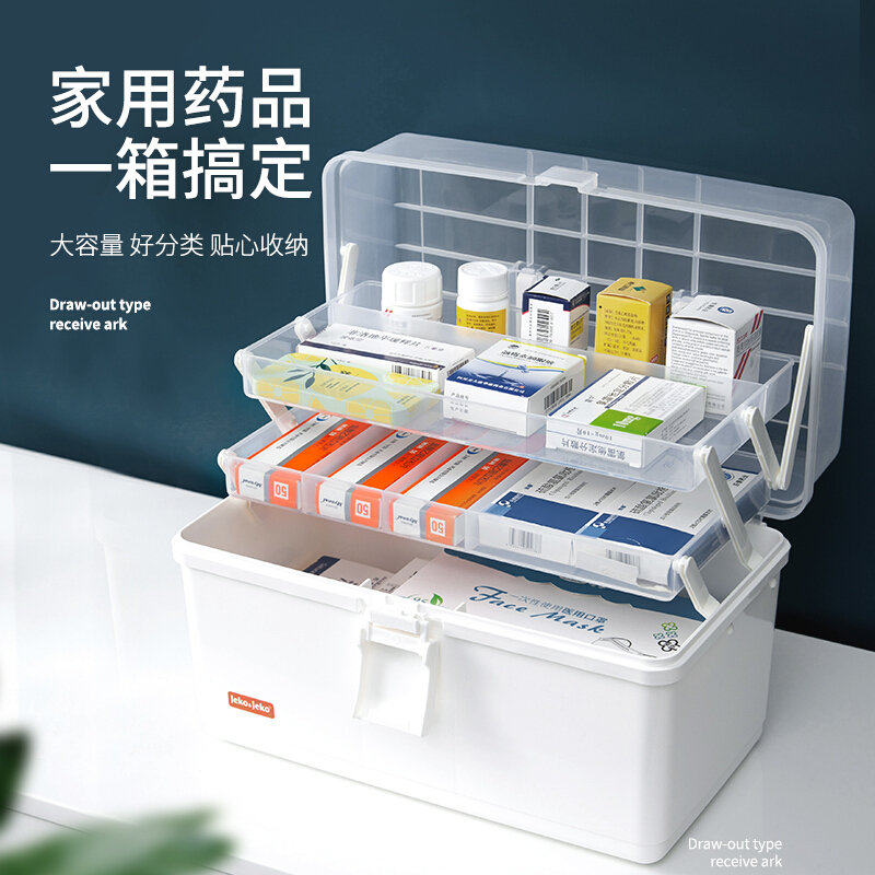 捷扣JEKO大号多功能收纳箱塑料药盒家庭医药箱急救箱药品收纳盒多层收纳盒