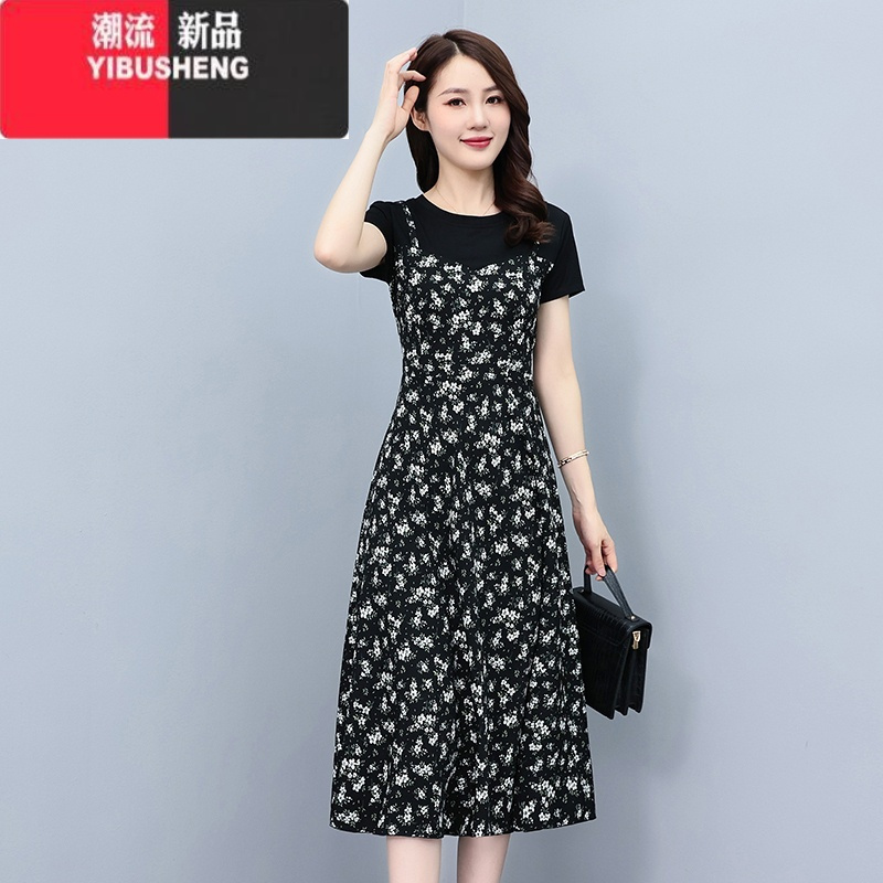 YIBUSHENG大码女装2024新款胖mm遮肚显瘦雪纺碎花蝴蝶结洋气假两件连衣裙