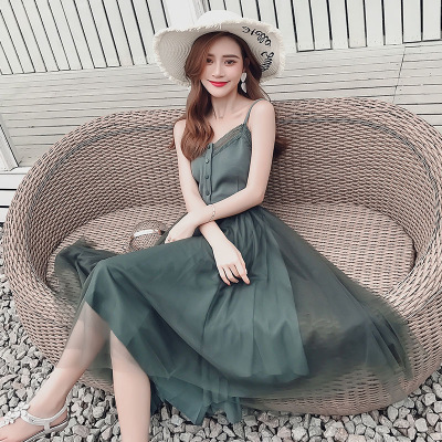 简妮薇蕾丝拼接吊带连衣裙夏季2018新款网纱裙长裙无袖连衣裙