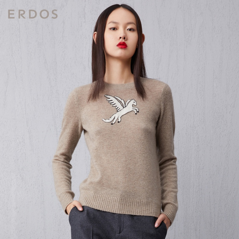 ERDOS 圆领动物图案女羊绒针织衫保暖舒适纯山羊绒