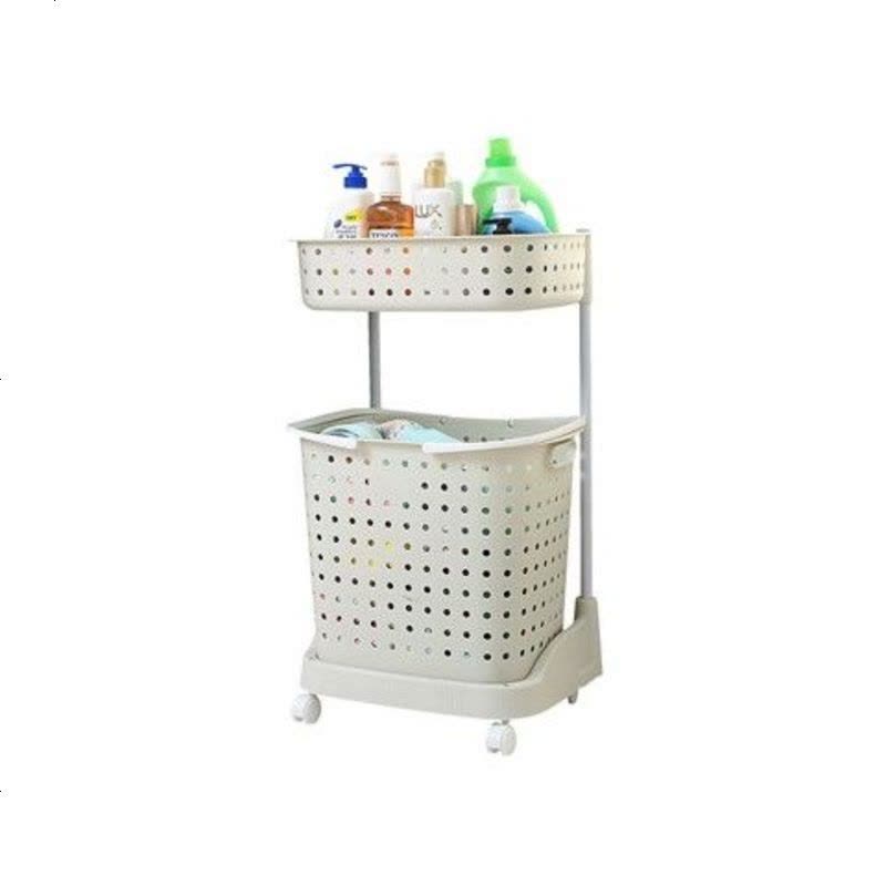 日式脏衣篮塑料洗衣篮手提篮大号装脏衣服收纳筐脏衣桶脏衣篓带轮 两层米白色升级款(盖子+隔)图片