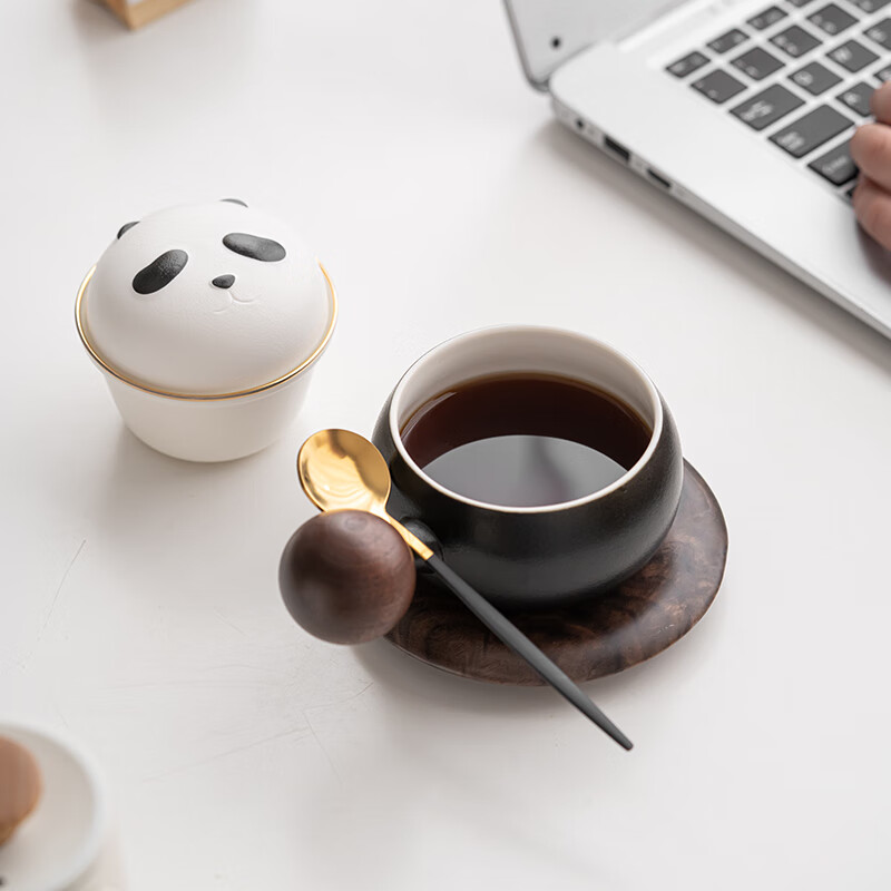 苏氏陶瓷/SUSHI CERAMICS J0886 熊猫茶水分离办公茶格杯咖啡杯(黑)高清大图