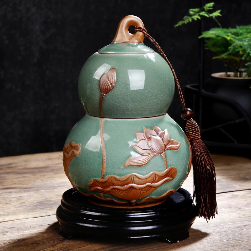 葫芦摆件家居装饰陶瓷工艺品中式摆设办公室客厅玄关开业礼品 三维工匠 梅子青底座礼盒高清大图