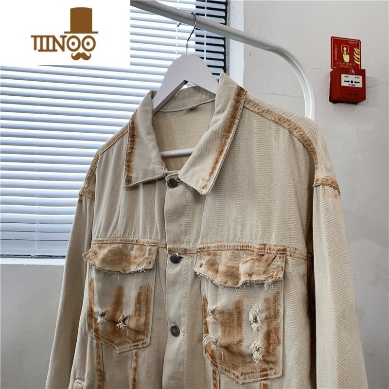 YANXU破洞牛仔外套男春季新款小众设计感美式复古夹克潮牌宽松休闲上男高清大图