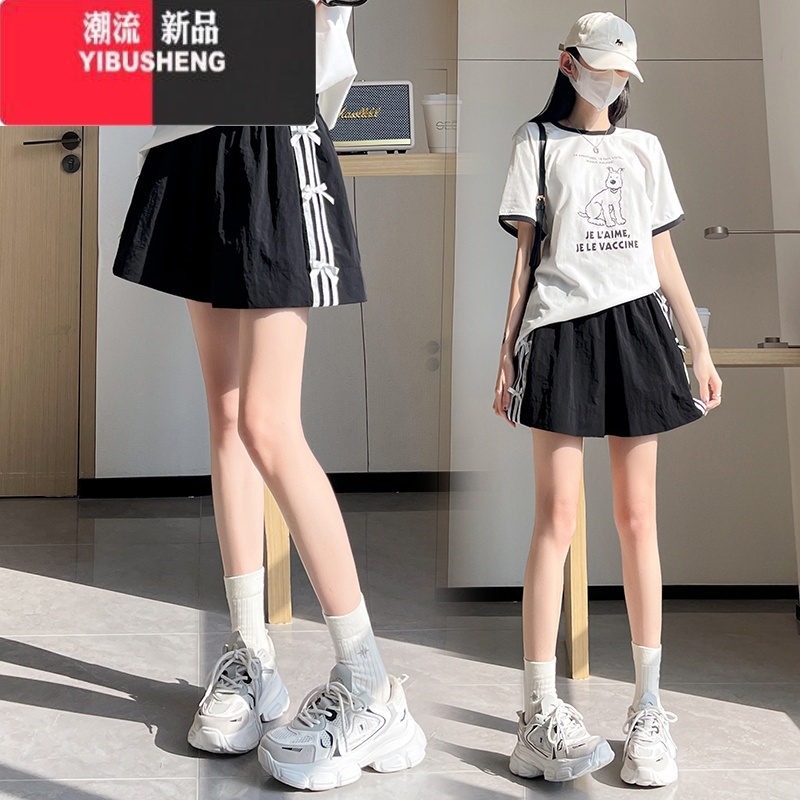 YIBUSHENG大码蝴蝶结休闲短裤女2024季薄款速干运动裤高腰热裤宽松阔腿裤高清大图