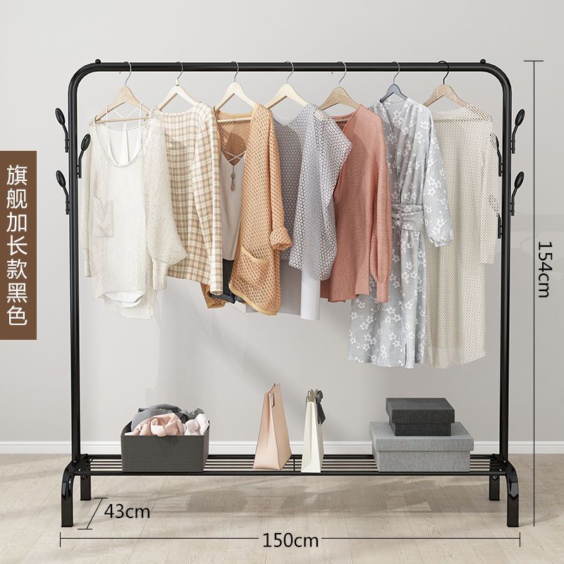 晾衣架落地阳台凉衣杆卧室内挂衣架简易折叠宿舍家用晒衣服架子|旗舰加长-黑[置物架+衣帽架]