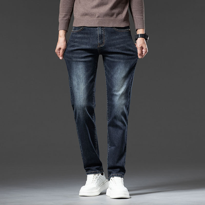 品质热力绒保暖男士牛仔裤加绒加厚弹力修身一体绒中年商务休闲裤高清大图