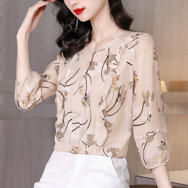 七分袖雪纺上衣女洋气印花遮肚小衫气质女装泡泡袖圆领木耳边t恤